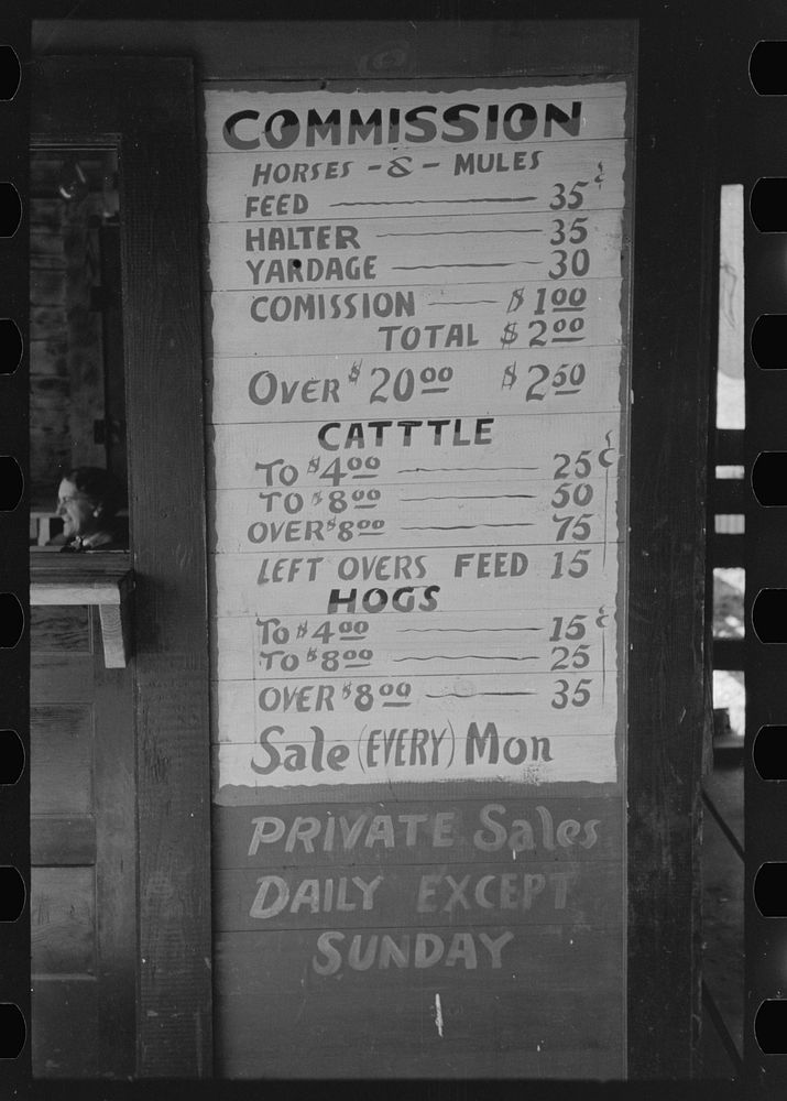 Table showing commission rates, livestock auction barn, San Augustine, Texas by Russell Lee