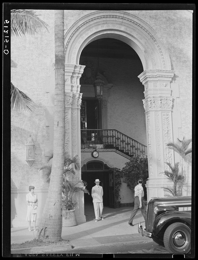 Entrance to one of Miami Beach's better hotels. Miami Beach, Florida. Sourced from the Library of Congress.