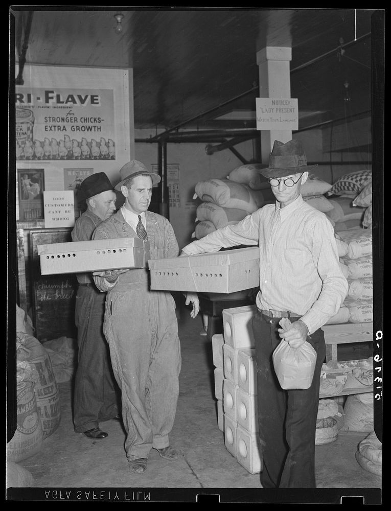 Farmer buying baby chicks, Farmers' exchange, Enterprise, Alabama. Sourced from the Library of Congress.