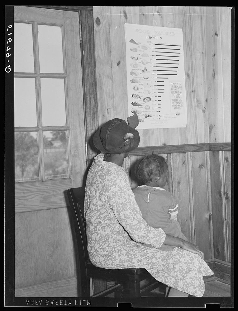 Mrs. Daisy Lee Pettway and Rhoda Lee looking at food chart in clinic waiting room. Gee's Bend, Alabama. Sourced from the…
