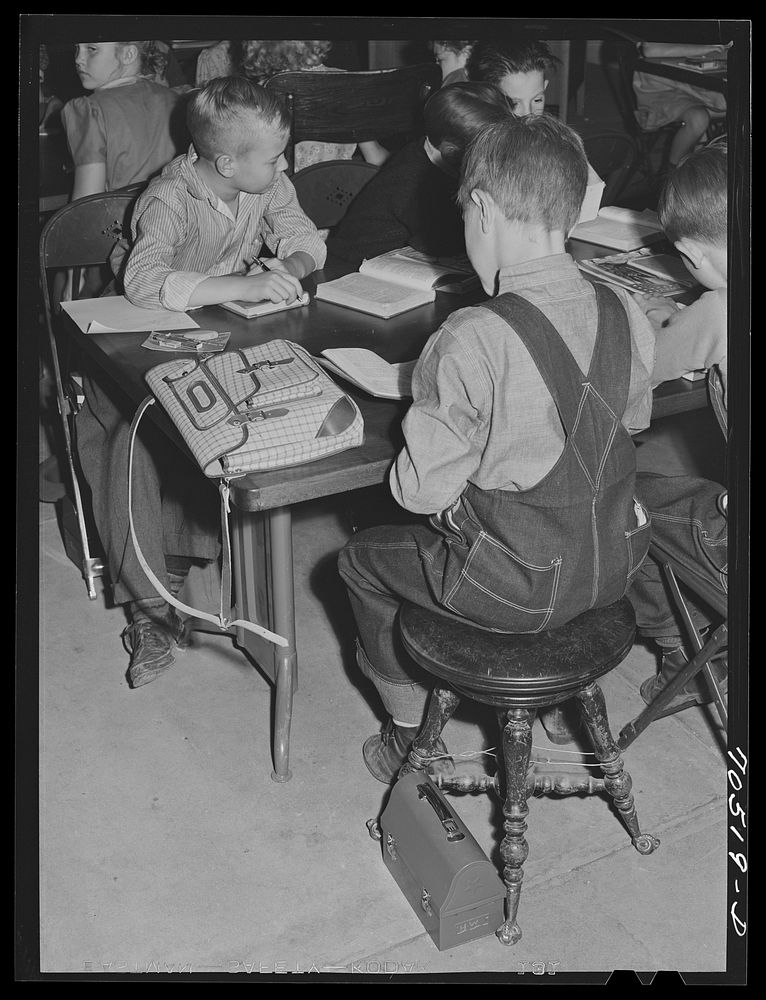 Children in school which meets in basement of church. Hermiston, Oregon by Russell Lee