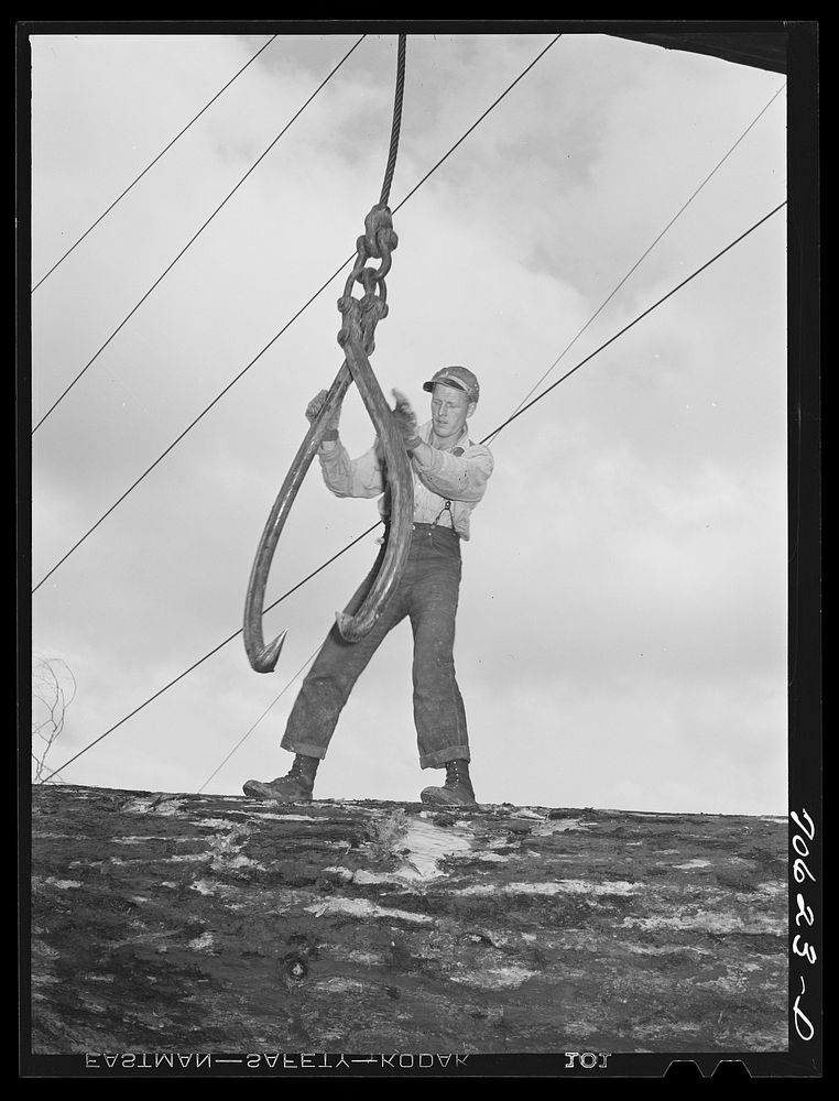 Lumberjack ready to sink the hook into a log. Long Bell Lumber Company, Cowlitz County, Washington by Russell Lee