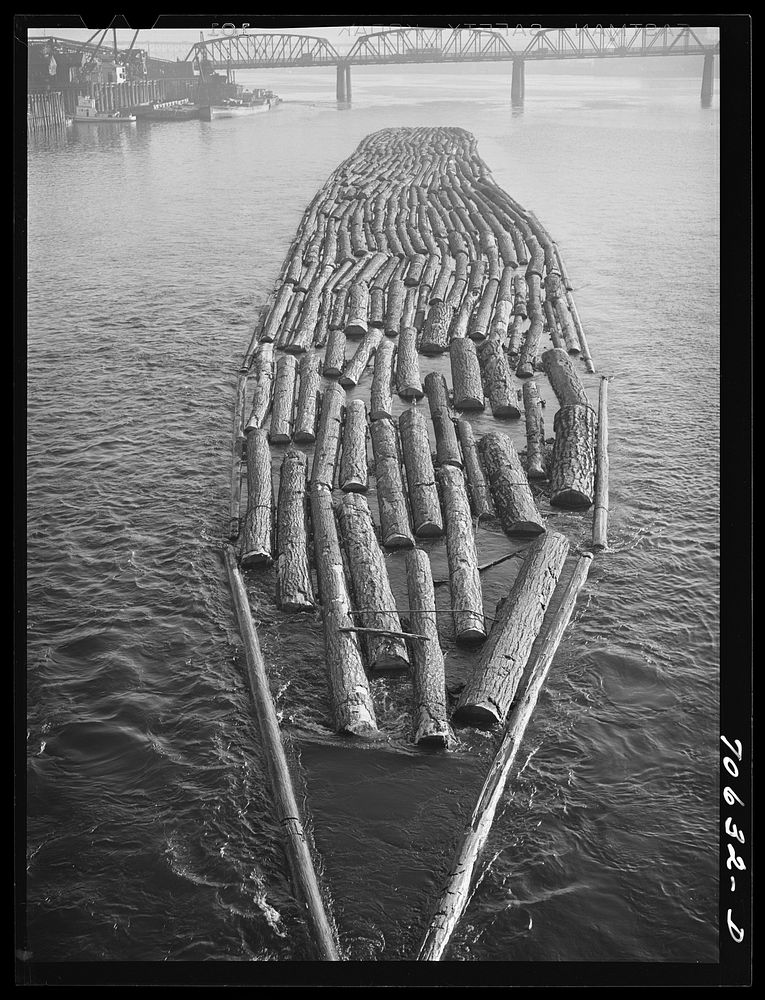 Log raft in Willamette River at Portland, Oregon by Russell Lee