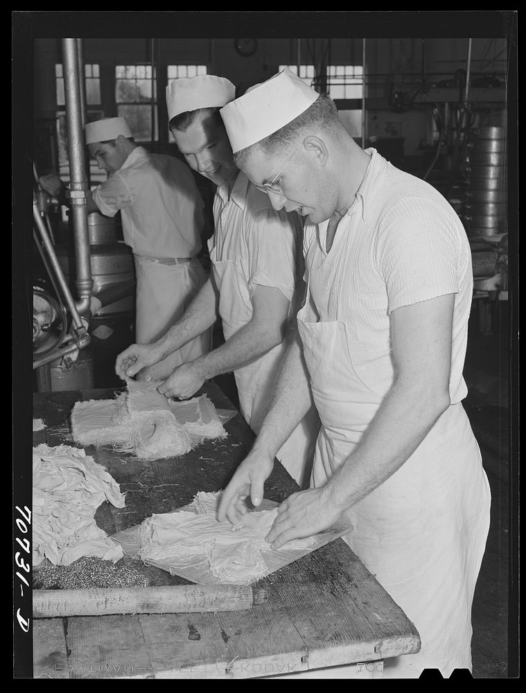 Arranging cheese cloth to be used in baby loaf cheeses. Tillamook cheese plant, Tillamook, Oregon by Russell Lee