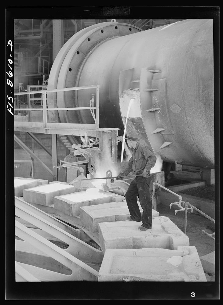 [Untitled photo, possibly related to: Anaconda smelter, Montana. Anaconda Copper Mining Company. Pouring copper anodes from…