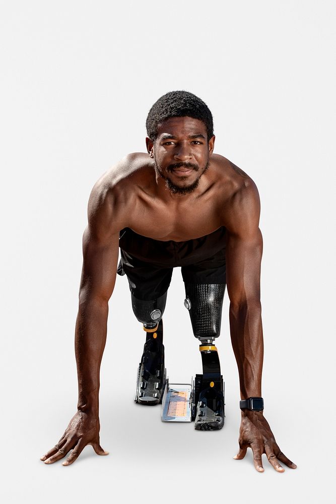 Paralympic sprinter with prosthetic blades started racing from a starting block psd