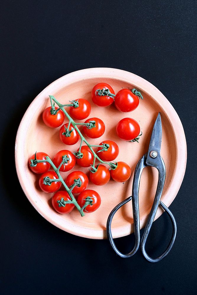 Free top view of cherry tomatoes with stem on plate photo, public domain food CC0 photo.