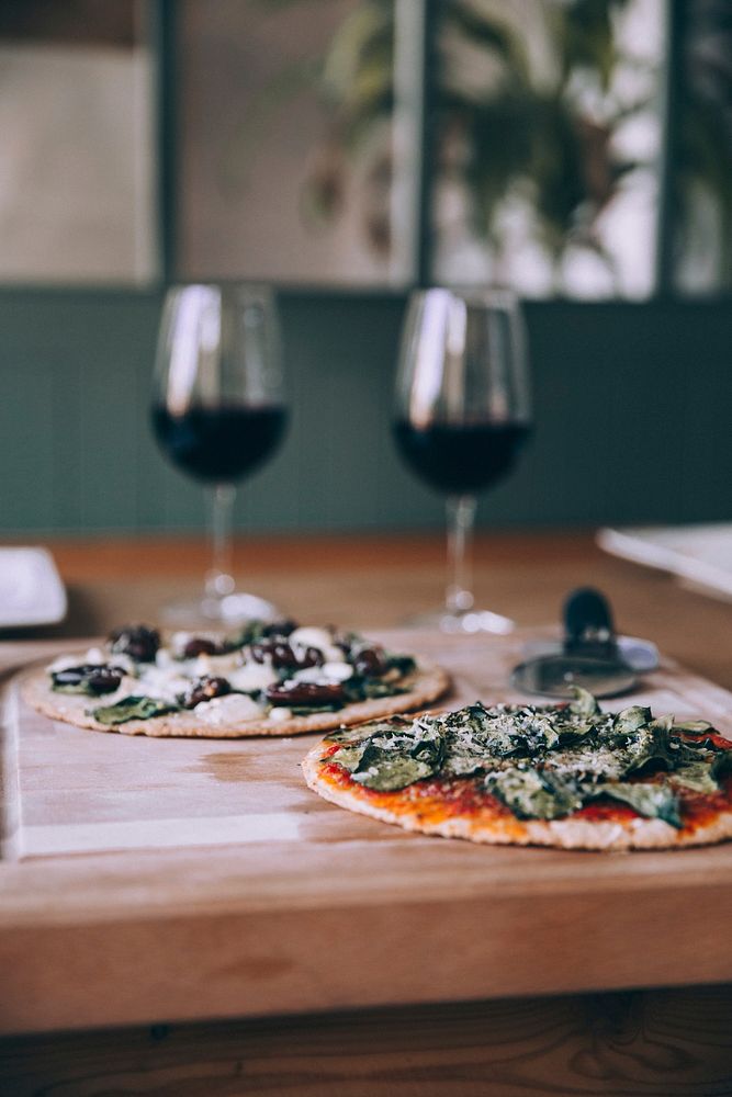 Free homemade pizza and wine image, public domain restaurant CC0 photo.