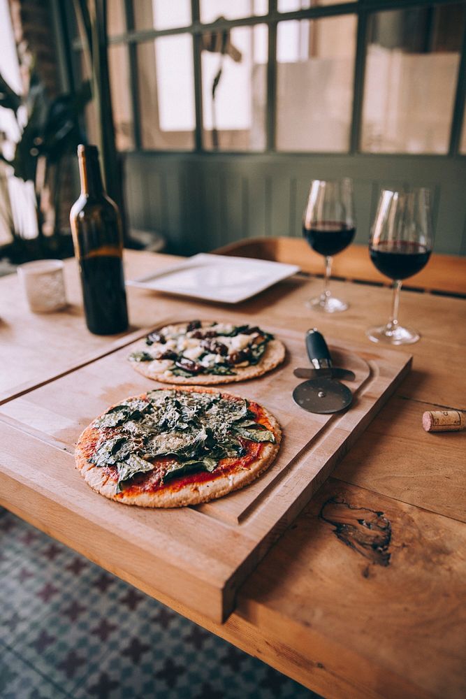 Free pizza and red wine image, public domain restaurant CC0 photo.