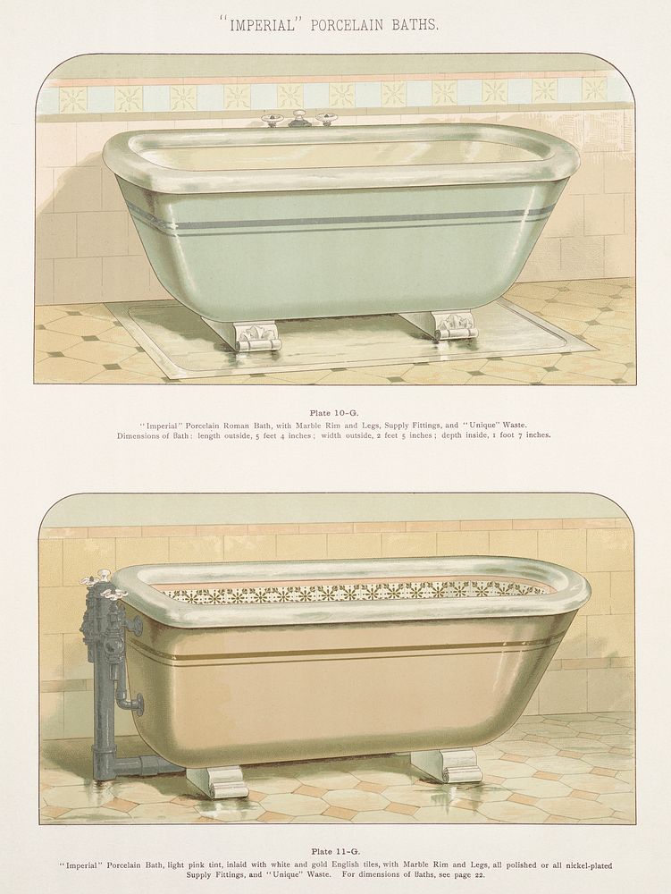 Vintage illustration of imperial porcelain baths published in 1888 by J.L. Mott Iron Works. Original from New York public…