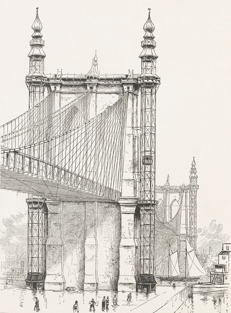 Antique illustration of the Brooklyn Bridge towers published in 1886 by Frank Leslie (1821-1880). Original from New York…