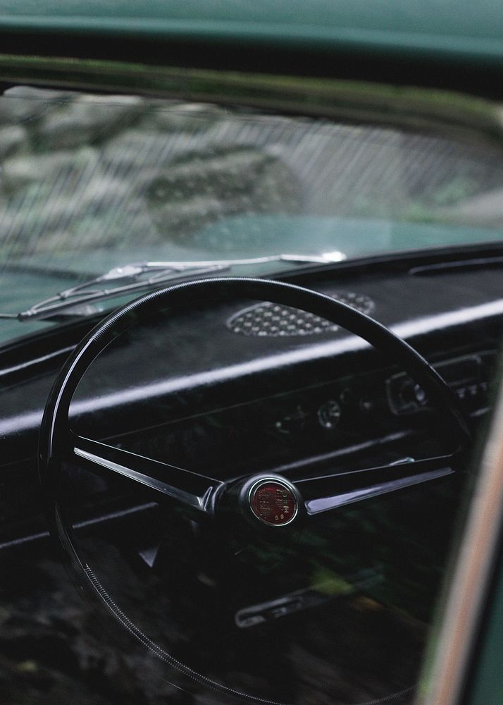 Car interior, steering wheel photo, free public domain CC0 image.