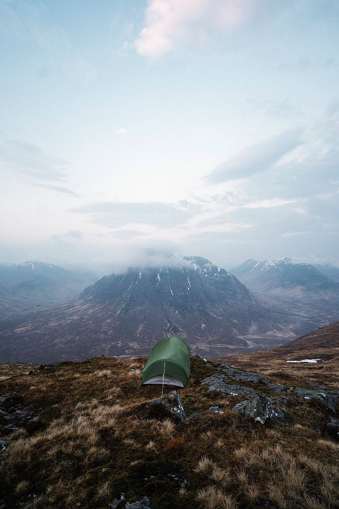 Camping at a misty Glen Coe in Scotland