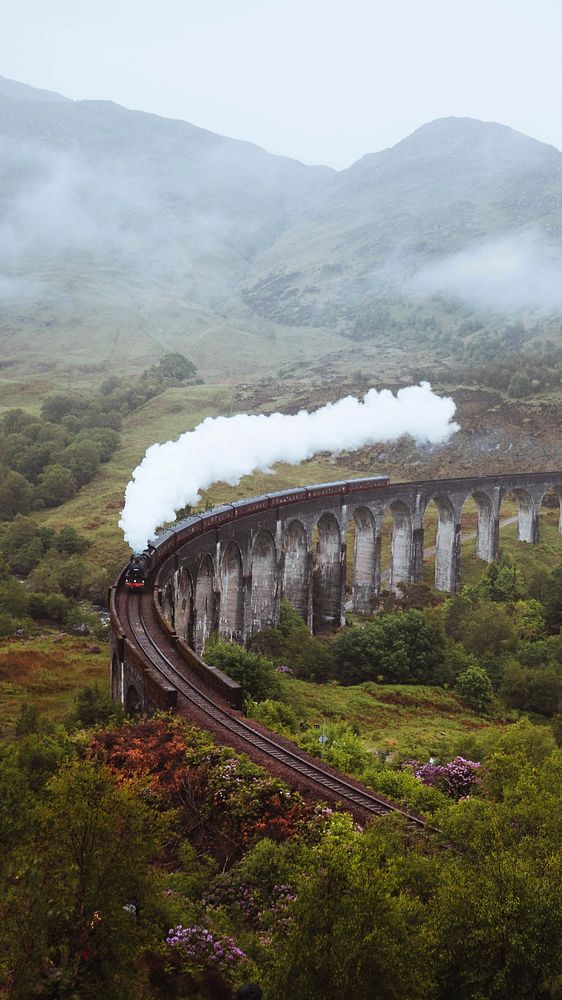 Train phone wallpaper background, Glenfinnan Viaduct railway in Inverness-shire, Scotland