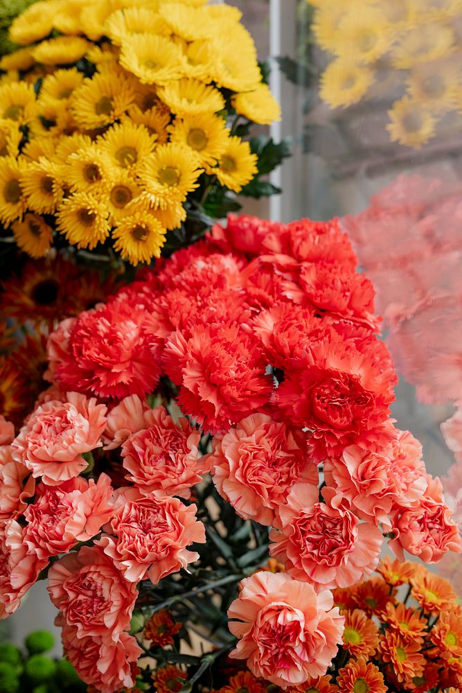 Bunches of orange carnations and yellow asters in a flower shop