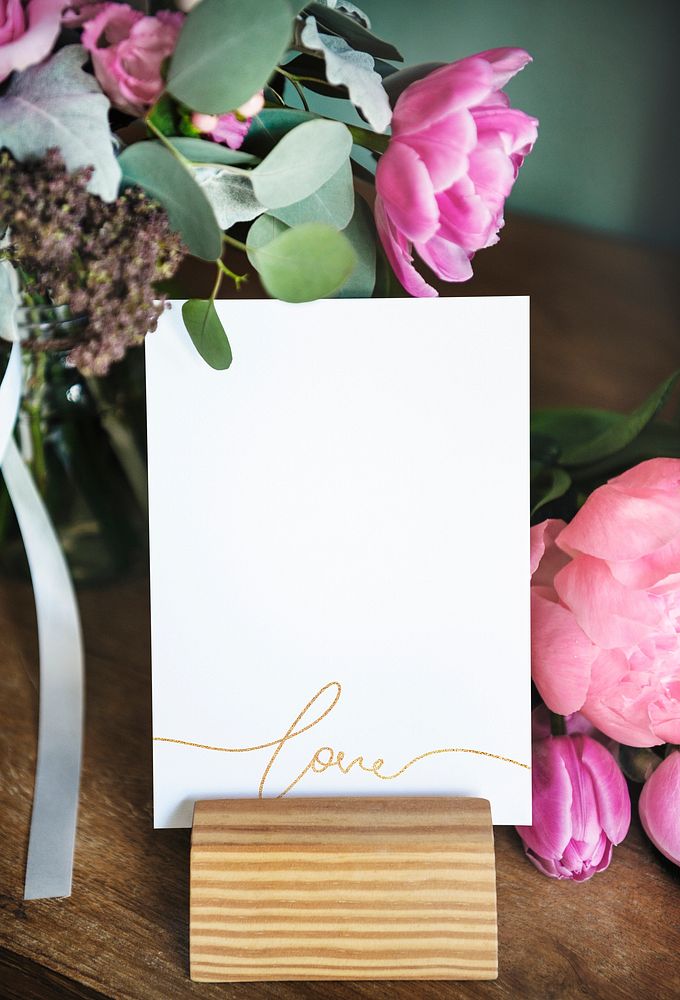 Bouquet of colorful flowers with a white card mockup