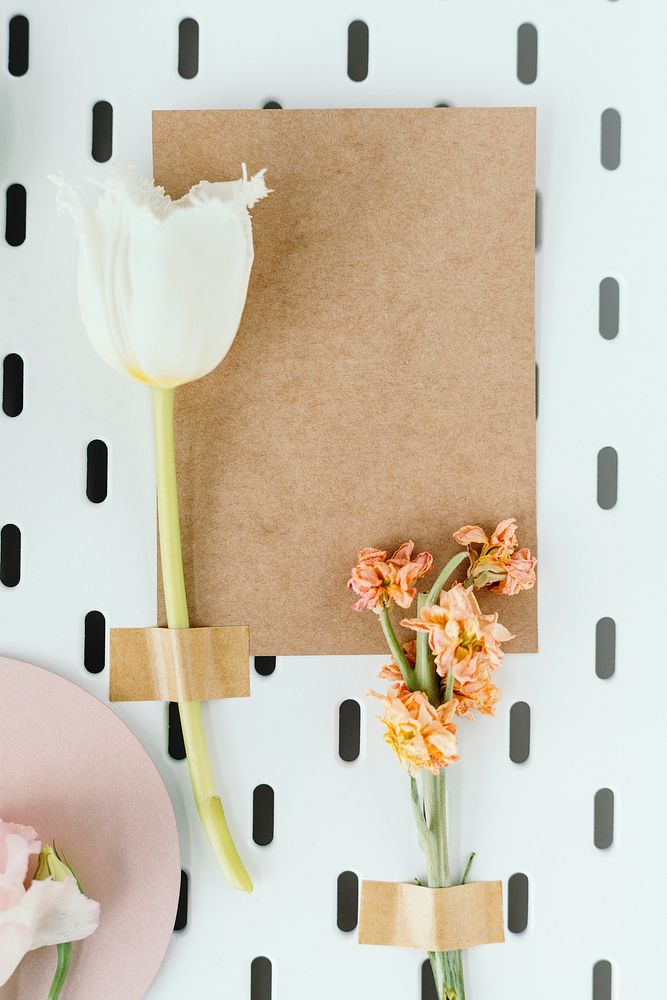 White parrot tulip and lathyrus peach with a brown card mockup
