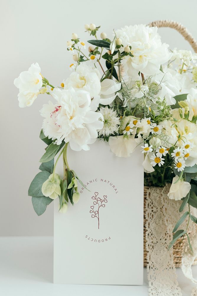 Basket of white flowers with card mockup