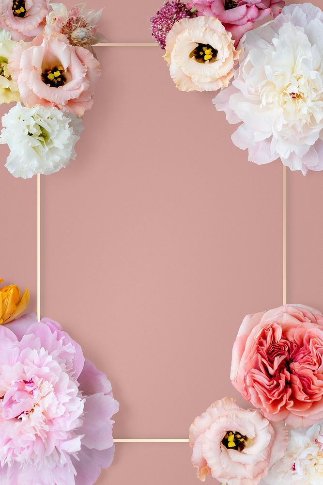 Various flowers with gold frame on pink background mockup
