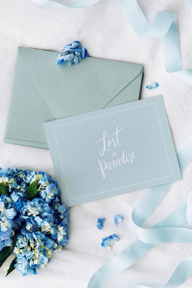 Blue envelope and card mockup with blue hydrangea