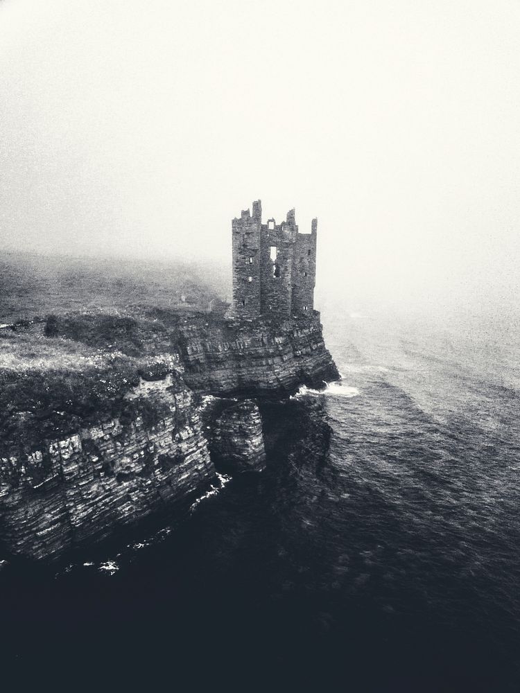 Misty view of Keiss Castle, Scotland