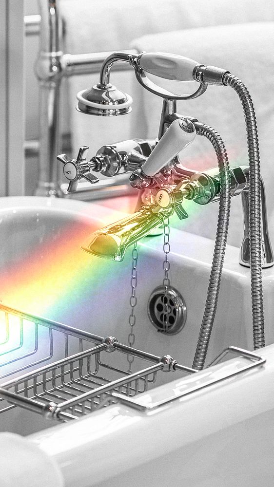 Clean hotel bathroom with rainbow mobile phone wallpaper