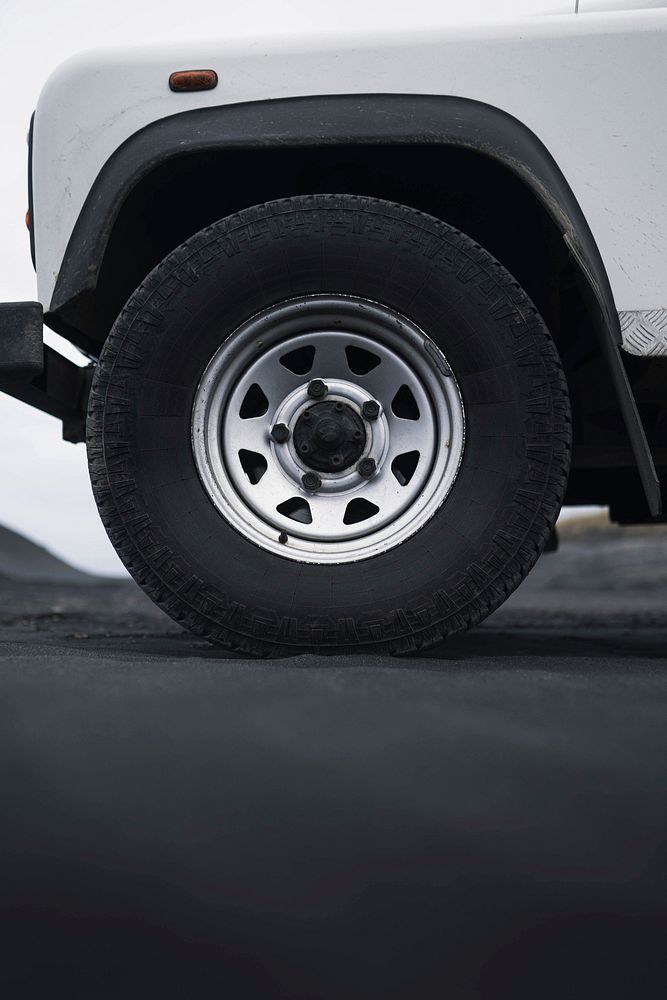 Closeup of Land Rover's front wheel