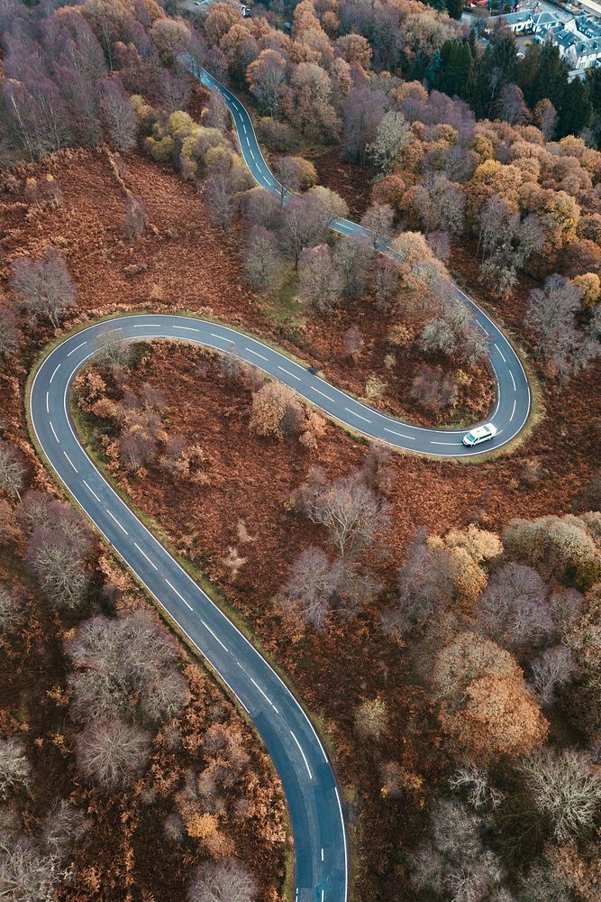 Drone shot of a curvy road in the Trossachs, Scotland