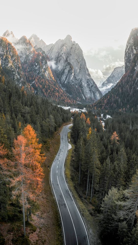 Drone shot of the road in Dolomites, Italy mobile phone wallpaper