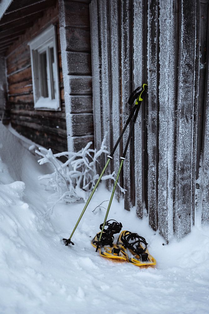 Walking stick and snowshoes by ajds wooden wall