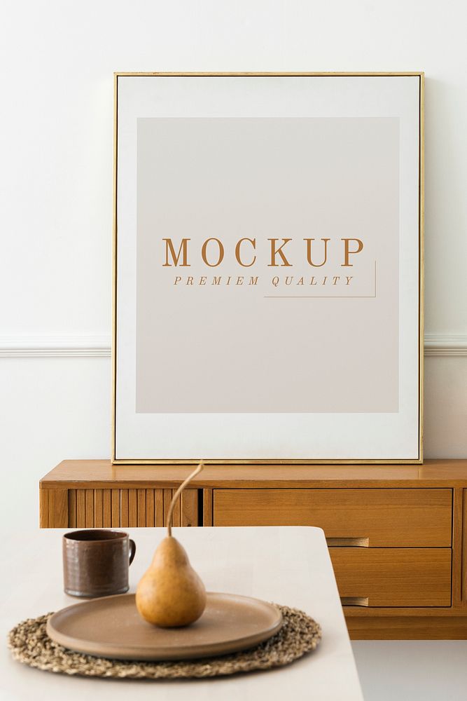 Photo frame mockup on a sideboard in a dining room