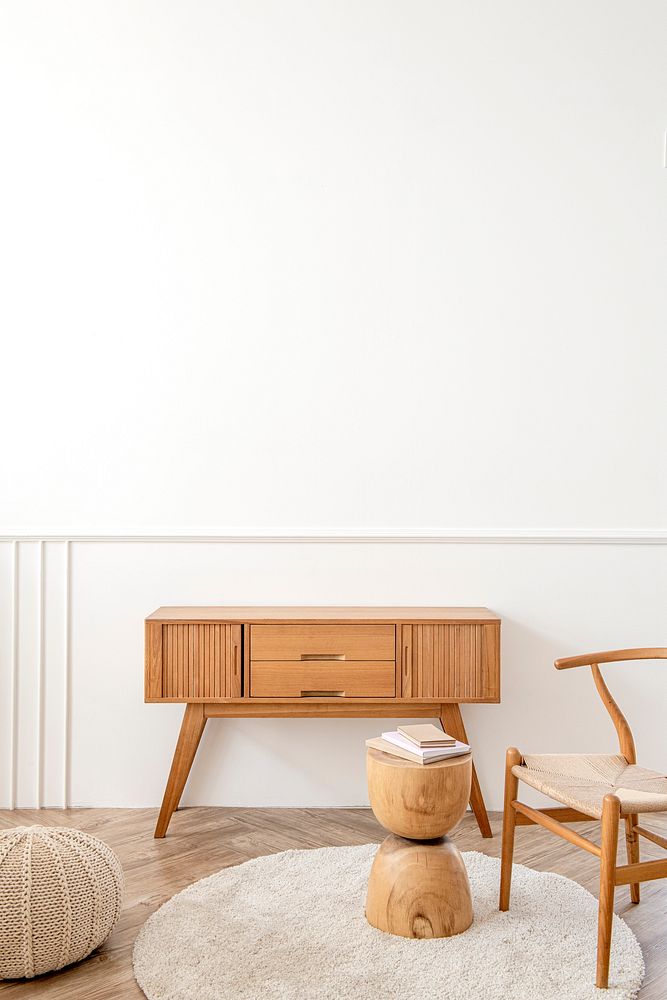 Wooden sideboard table and a wooden stool in the living room 