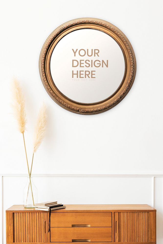 Mirror mockup over a wooden sideboard table with dried pampas grass in a vase 