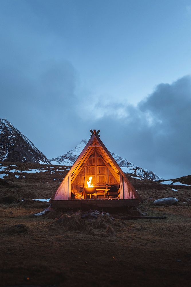 Fire pit in a wooden hut on Lofoten island, Norway
