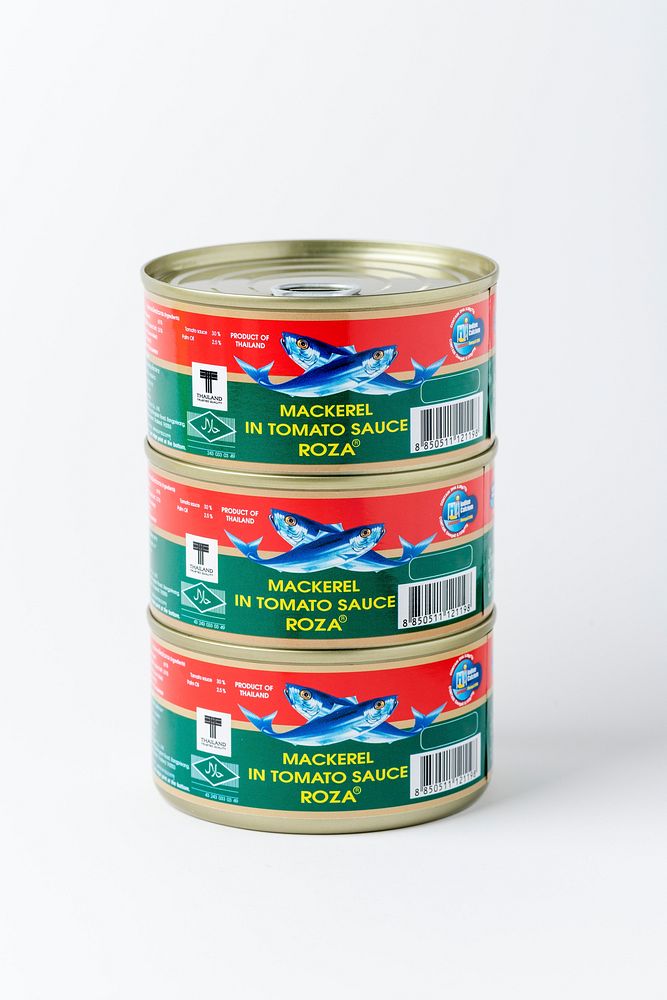 Stack of canned fish on a white background. BANGKOK, THAILAND, 24 March, 2020