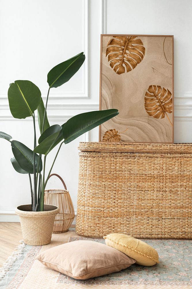 Picture frame on a rattan chest