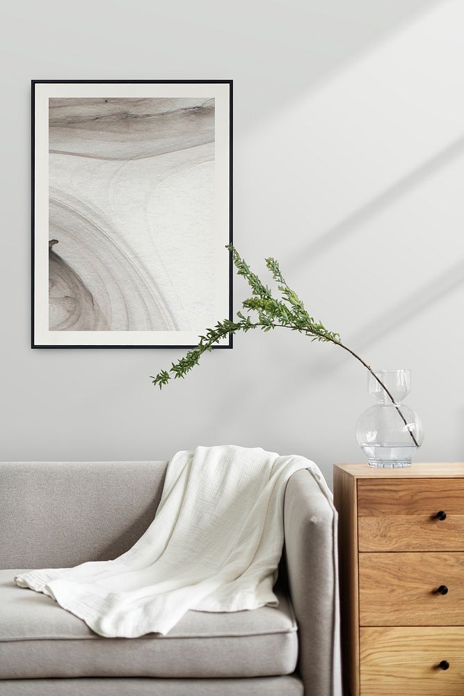 Aesthetic frame mockup psd in a Scandinavian decor living room