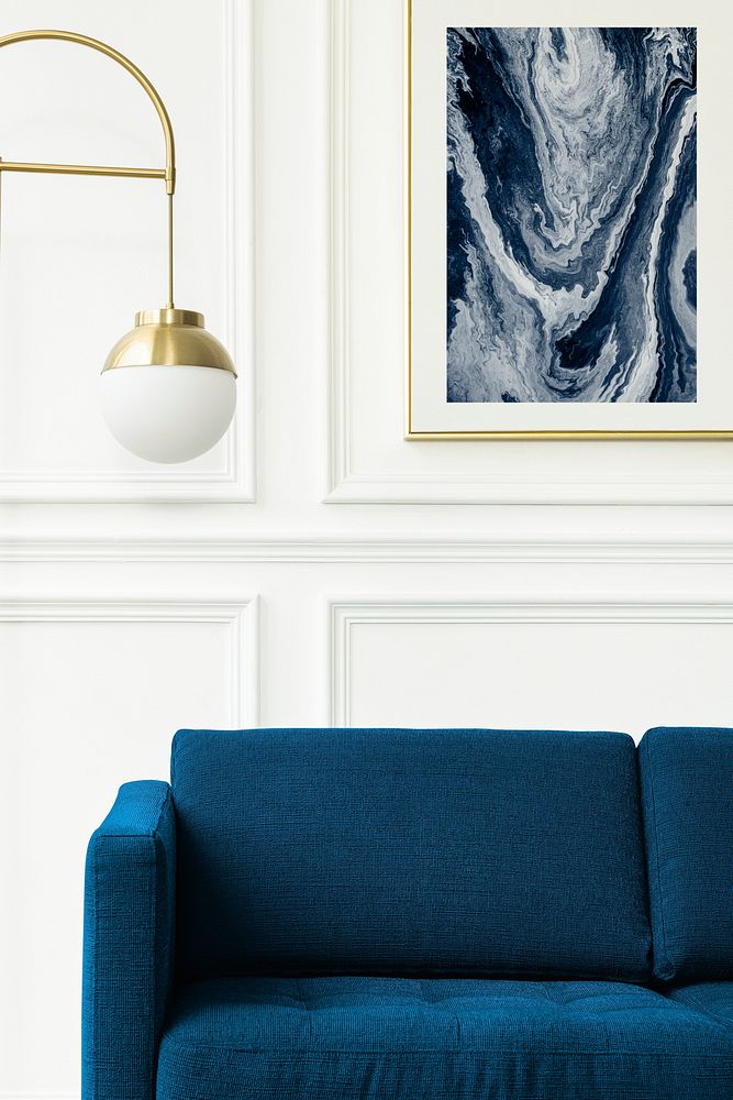 Aesthetic frame mockup psd in a minimal decor living room