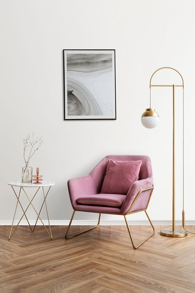 Picture frame mockup psd by a pink velvet armchair