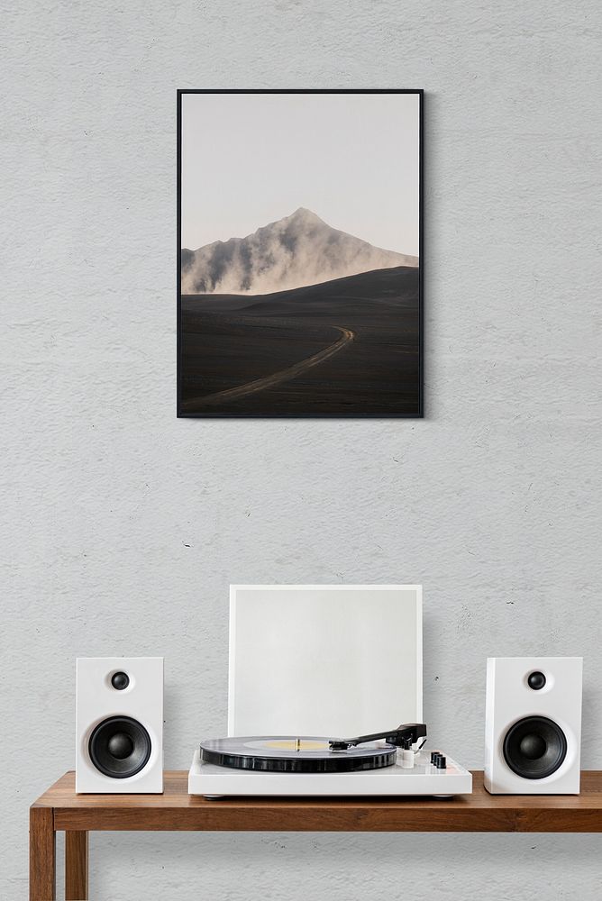 White minimal vinyl record player with speakers
