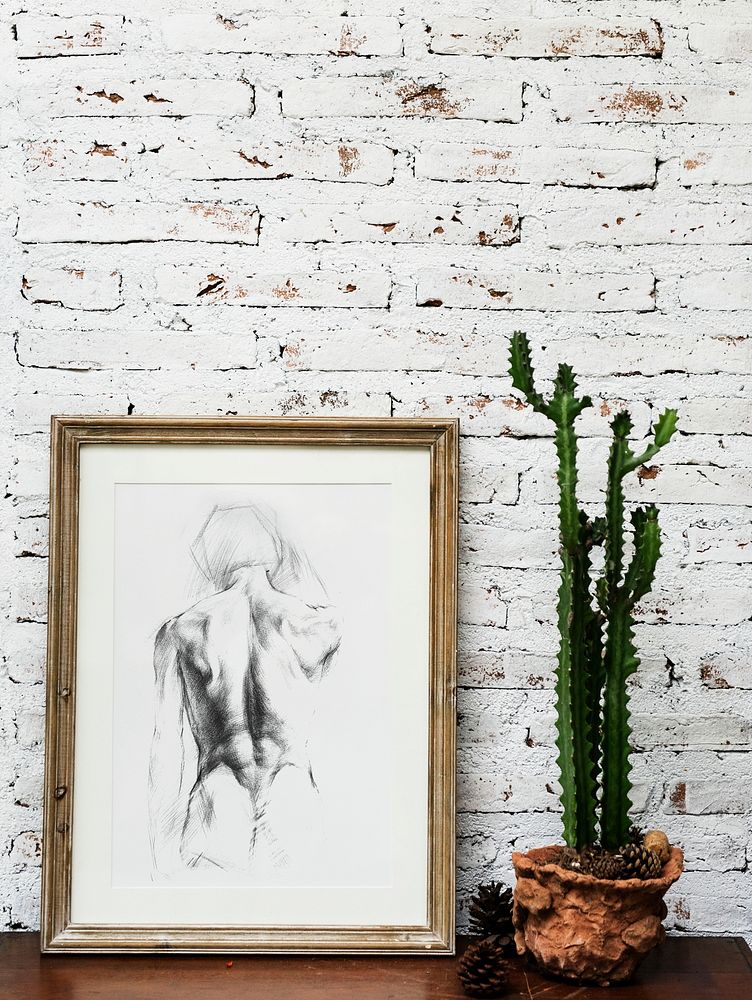 Pencil sketch in a frame on the wall