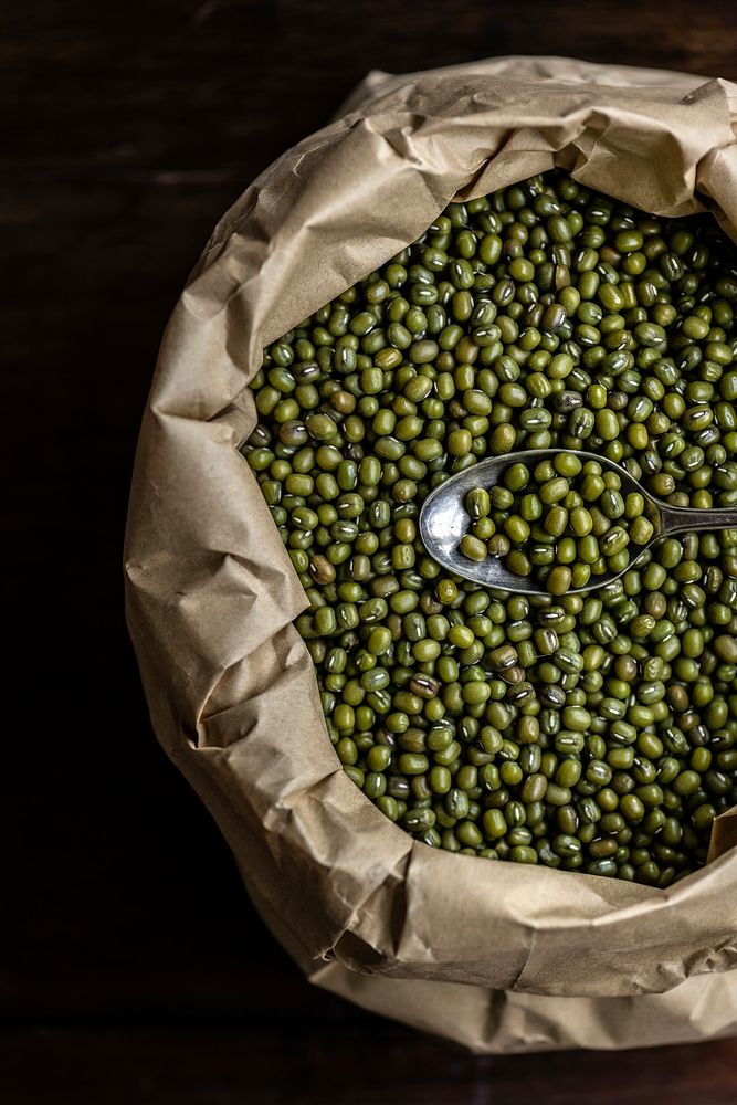 Close up of mung beans in a paper bag