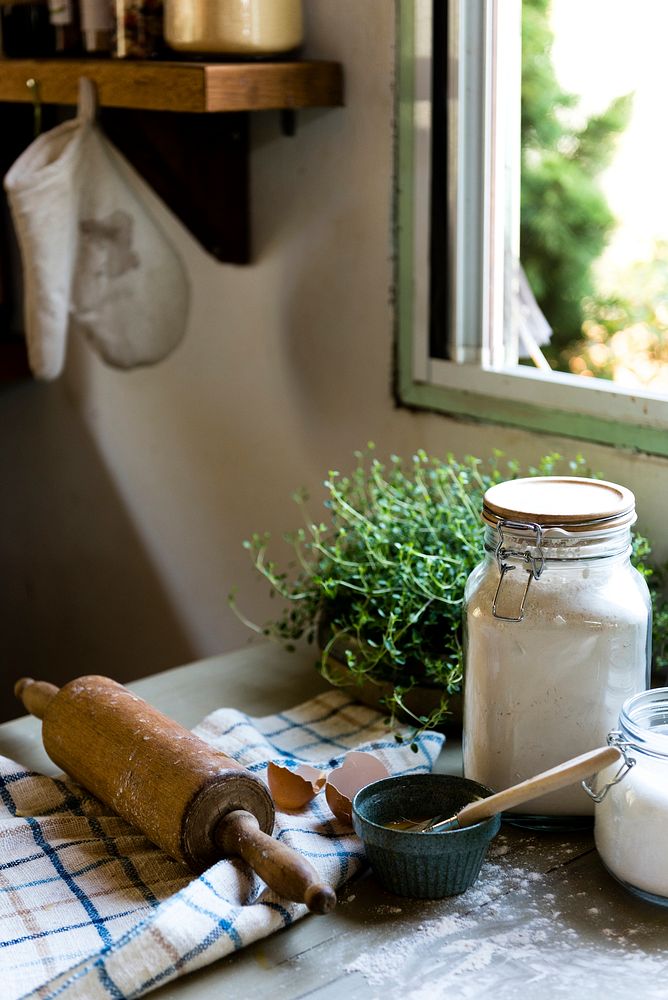 Baking ingredients on a wooden table