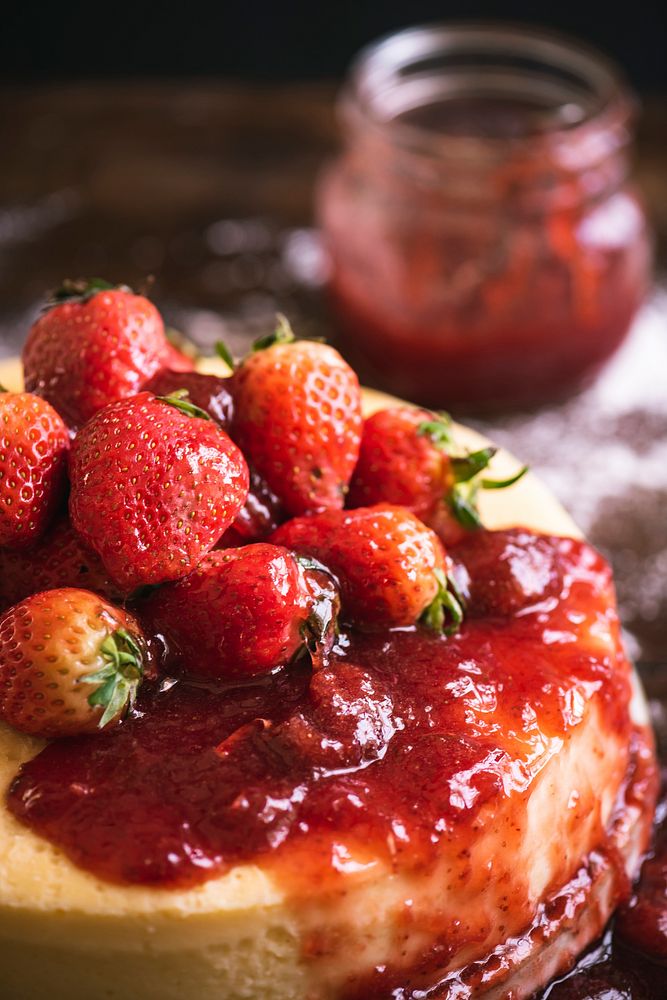 Cheesecake topped with strawberry sauce