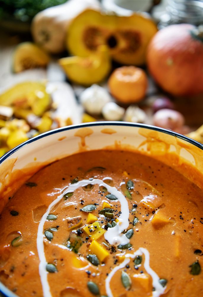 Close up of a pumpkin soup in a pot
