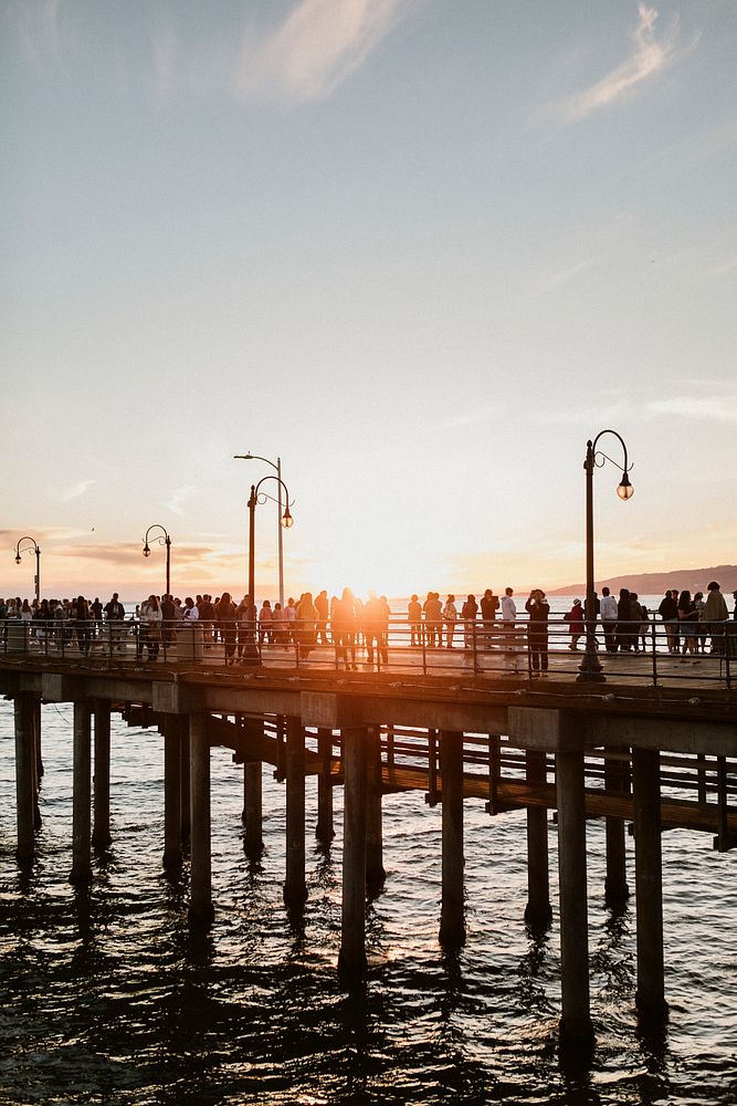Sunset over the crowd at Santa Monica Pier, Calirfornia