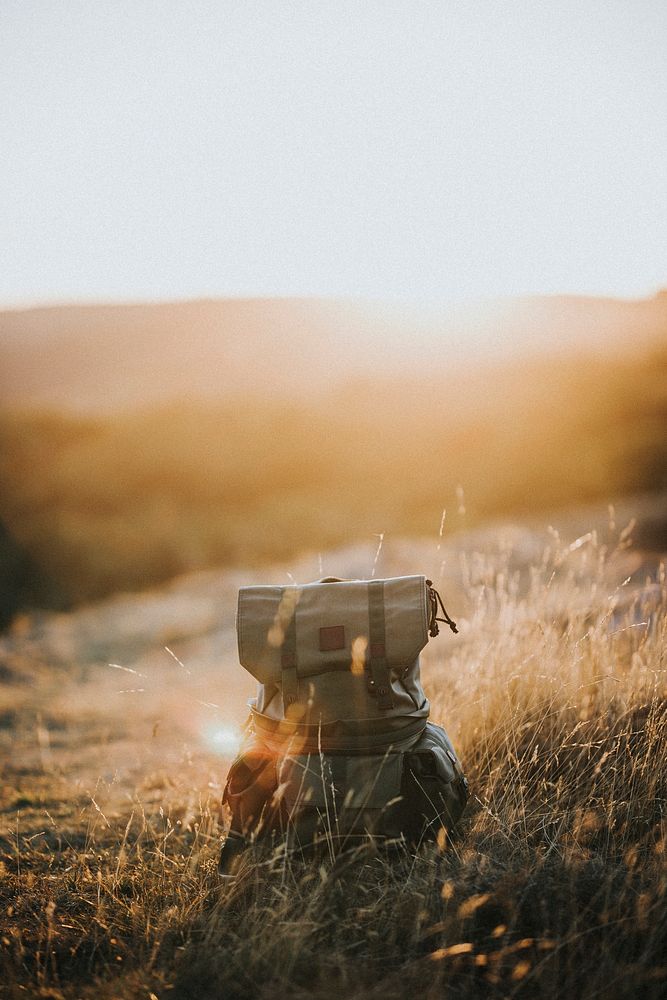 Canvas backpack in a brown grass field