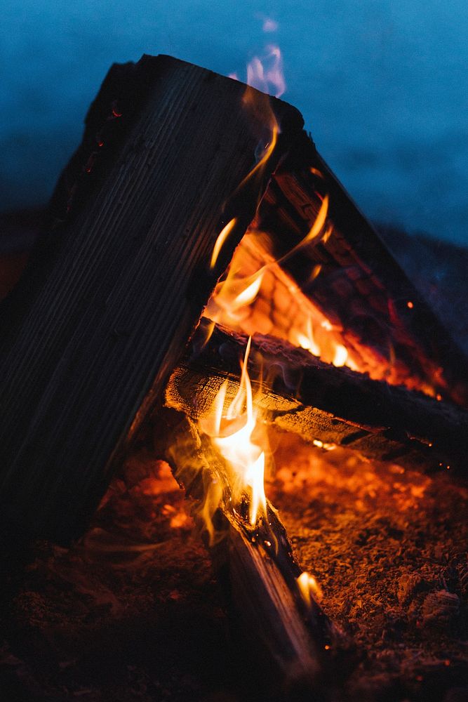 Flaming bonfire close up on a winter evening