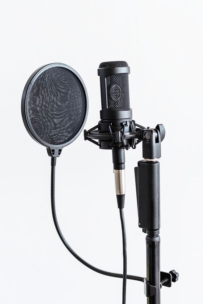 Professional condenser microphone with a pop filter in a studio