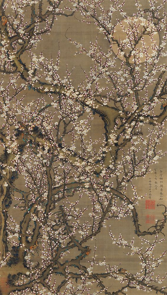 White Plum Blossoms and Moon (1755) illustration by Ito Jakuchu. Original from The MET Museum. Digitally enhanced by…